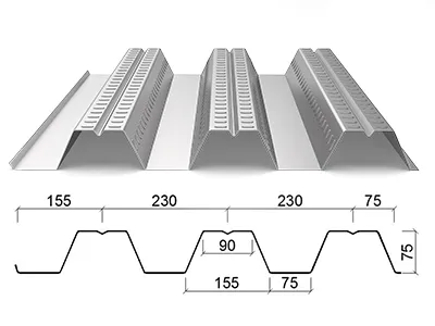 Placas colaborantes de acero (Perfil trapezoidal de 75 mm profundidad × 690 mm ancho)